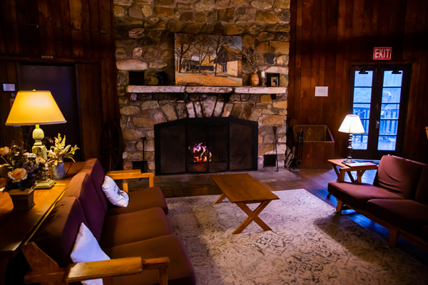 The lobby and fireplace at Big Meadows Lodge